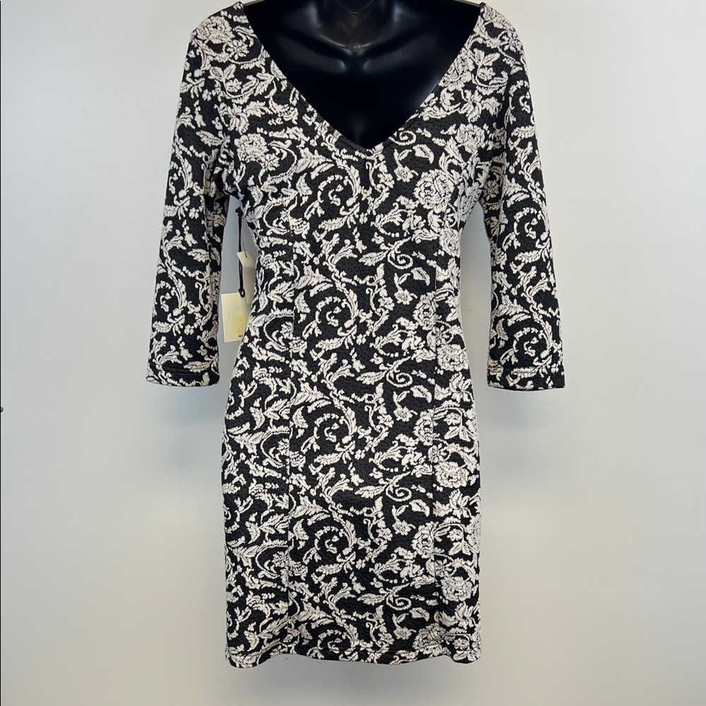 Jack Women's Black White Floral V-Neck Long Sleeve Midi Dress w/ liner Size Sm
